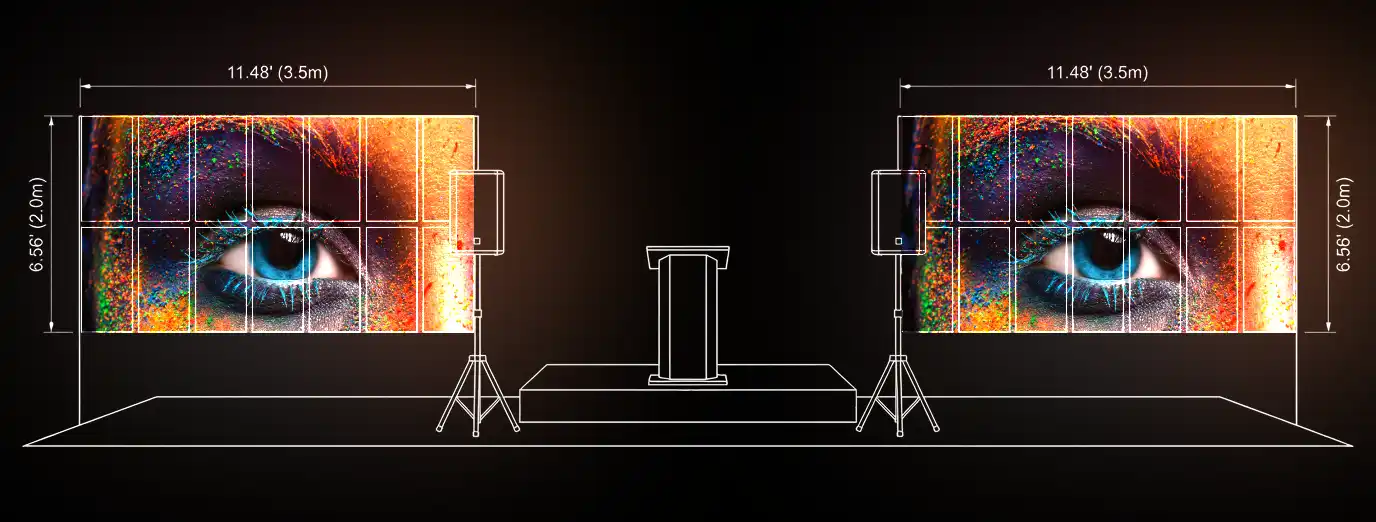Dual 11.48 foot by 6.56 foot LED wall rental configuration